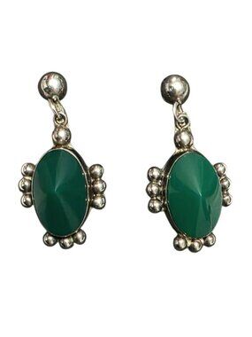 Vintage Sterling Silver Earrings Green Oval Beaded Screw Back Southwest Dangle